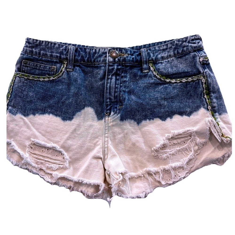 Free People Dip Dye Bleached‎ Embroidered Denim Cut Off Shorts Size 28
